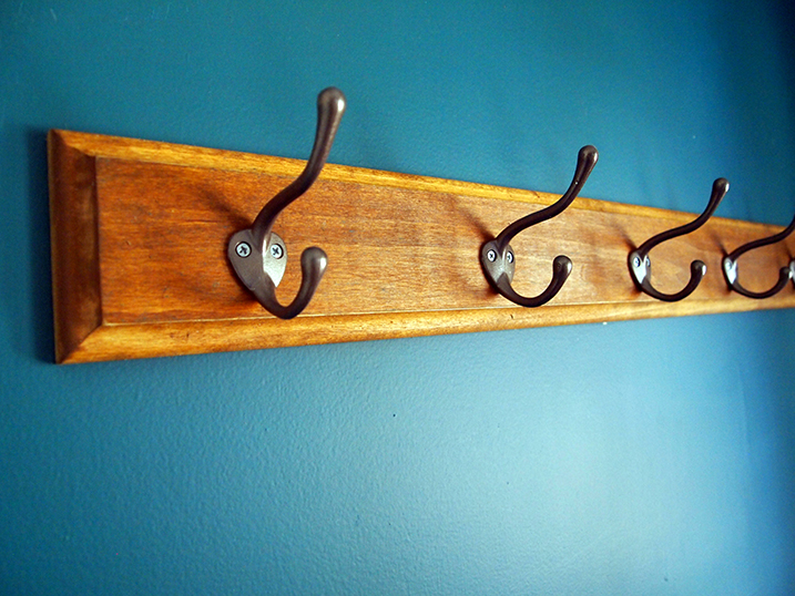 Stained Coat Rack With Painted Hooks