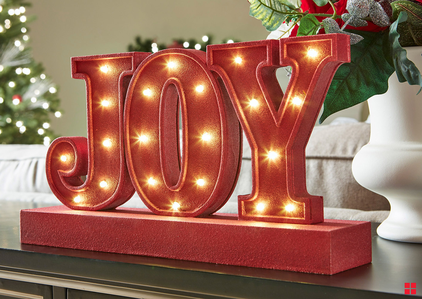 Holiday Decor - Joy Red Glitter Light-up Sign