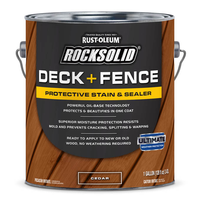 Rust-Oleum RockSolid Deck and Fence protective stain and sealer gallon can in Cedar color with detailed label. 