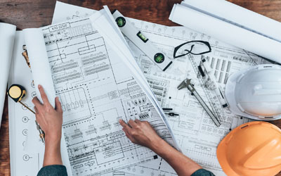 Hands on top of a desk with building plans and hard hats