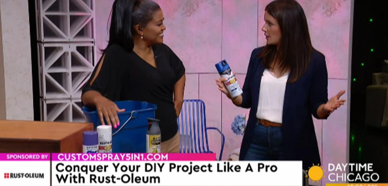 Rust-Oleum’s DIY expert explaining why Custom Spray 5-in-1 is great for yard sale flips.