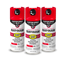 Three cans of Rust-Oleum Stops Rust Custom Spray 5-in-1 with red caps.