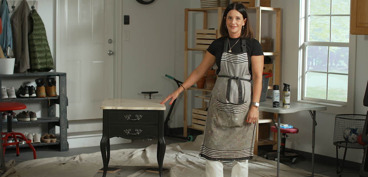 Transformed side table with a flawless spray paint finish