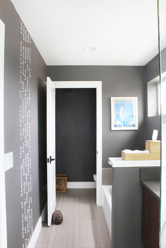 Clean, white ceiling in a bathroom with dark gray walls.