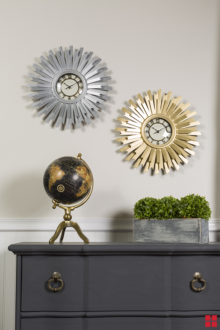 Wall clocks spray painted with Rust-Oleum Metallic spray paint in Gold and Silver.