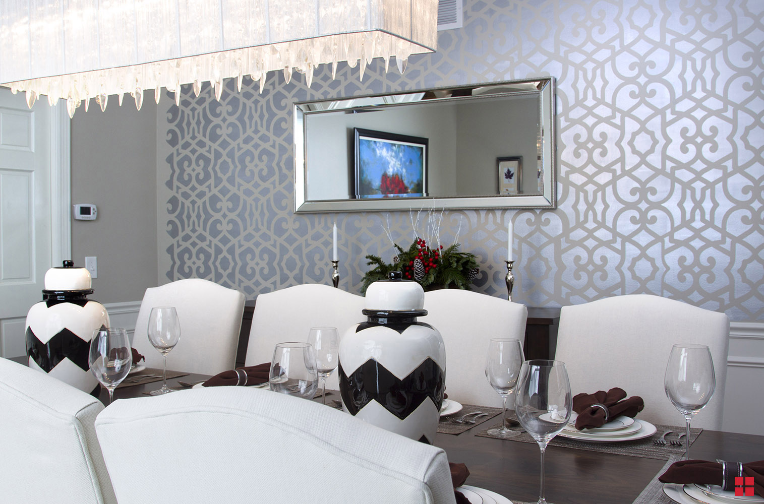 Dining room wall stenciled in silver metallic paint.