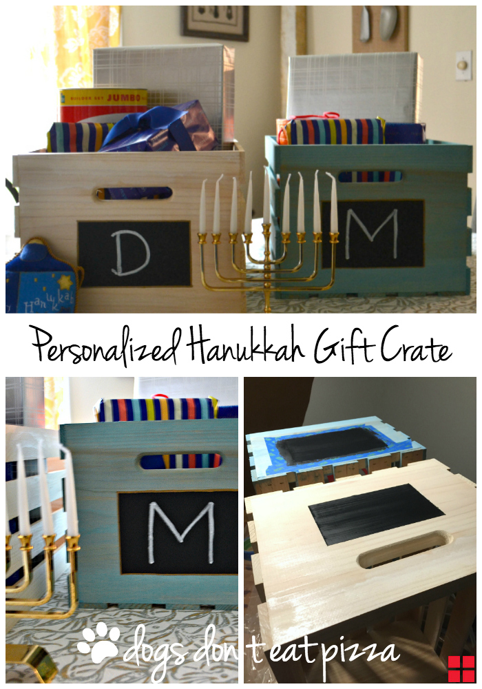 Two wooden crates painted with chalkboard paint, personalized and filled with gifts.